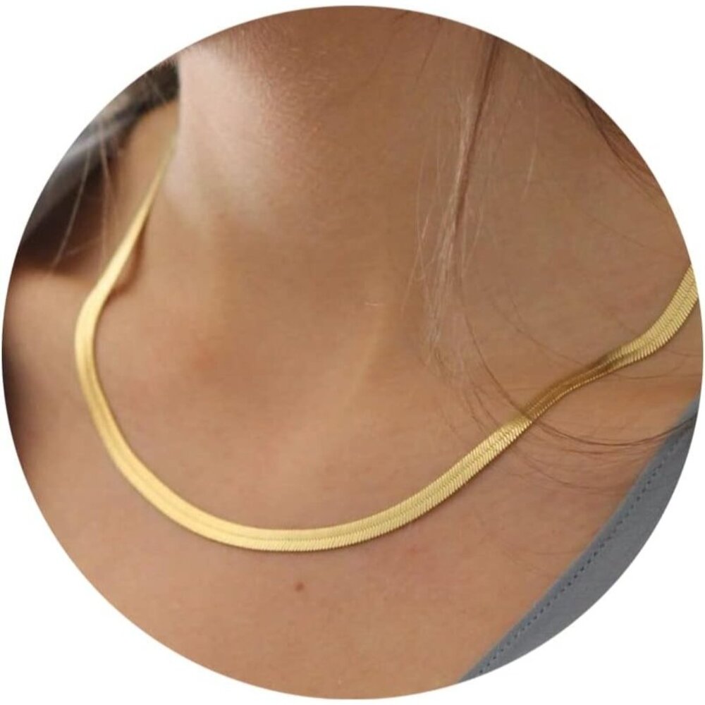 Women Gold Dainty Gold Herringbone Choker Necklace Thin Layered Chunky Chain